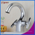 Fyeer Chrome plateado Crooked Long Spout Dual Handle Cubierta montada cuenca fregadero grifo mezclador de agua Tap Wasserhahn